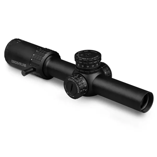 Konus Sultan Rifle Scope, black angled side view with adjustment turrets and eyepiece
