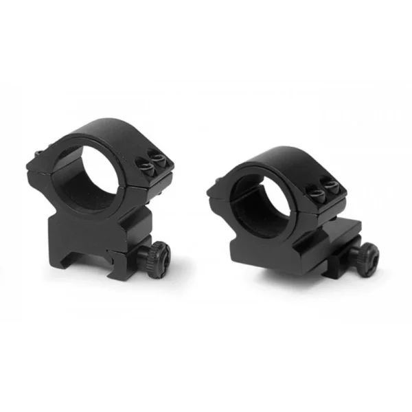 Konus 2-Piece Riflescope Rings, angled view of two matte black rings with mounting screws
