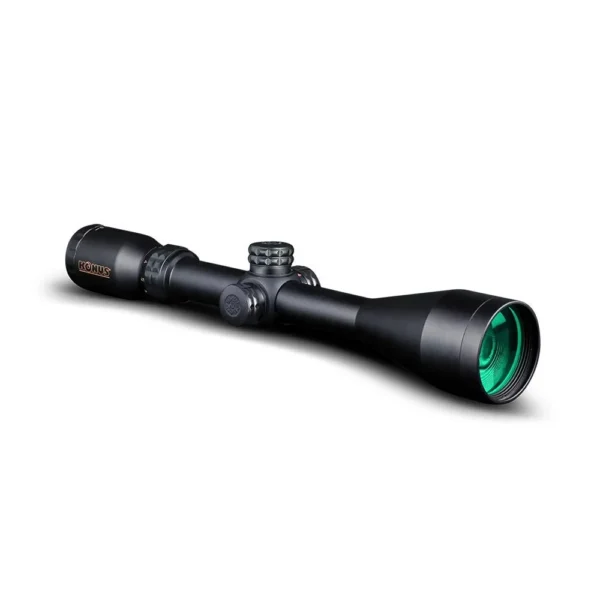 KonusPro Rifle Scope, matte black angled side view with adjustment turrets and green lens
