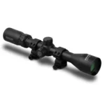 Konus Fighter Rifle Scope, angled view of black scope with adjustment turrets and mounting rings
