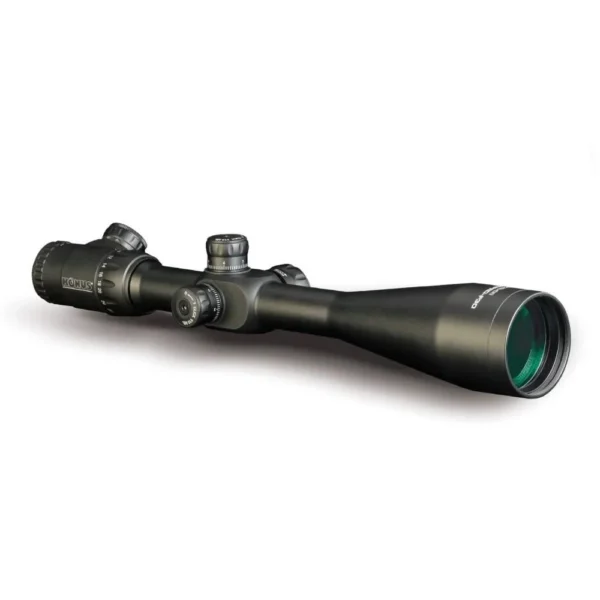 Konus KonusPro F-30 Rifle Scope, matte black scope in angled side view with large objective lens