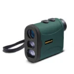 Konus EVO-1200, green and black laser rangefinder in front angled view with wrist strap
