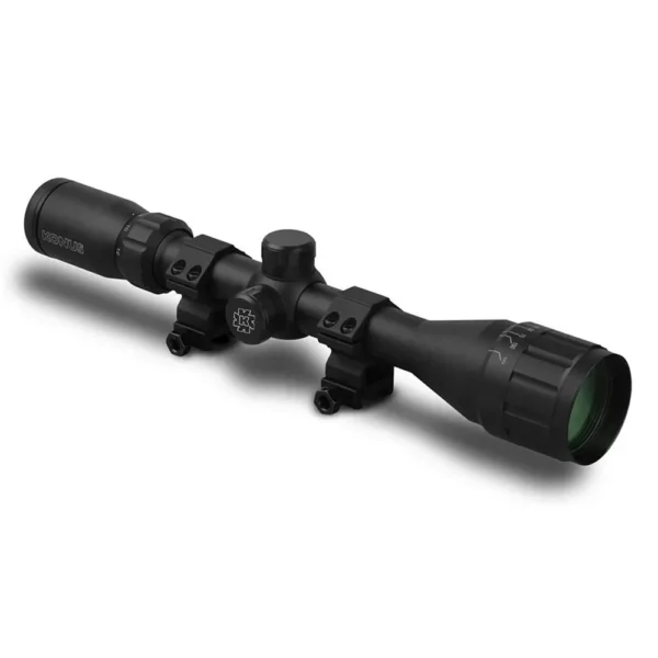 Konus Fighter Rifle Scope 4-12x40, black angled side view with adjustment turrets and mounts