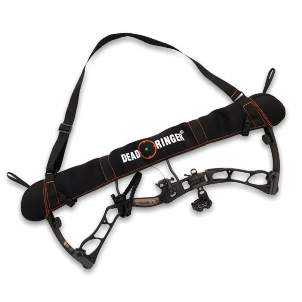 Rock Ridge Outdoors Dead Ringer Easy Go Bow Sling, black front view attached to a compound bow