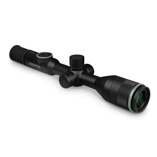 Konus Fiery-R Thermal Rifle Scope, black angled side view with adjustment turrets and green lens