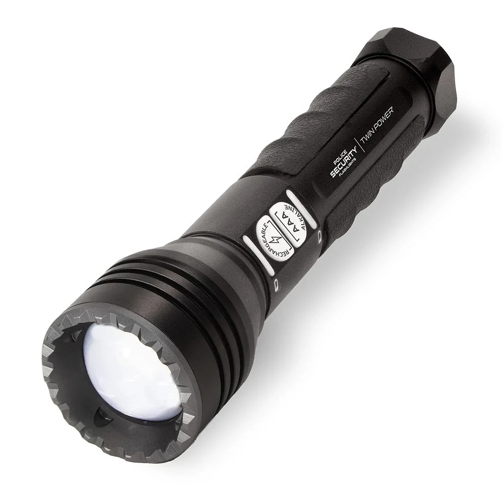 primary-37094 Police Security Twin Power Long Throw LED Flashlight, black angled view with wide lamp head