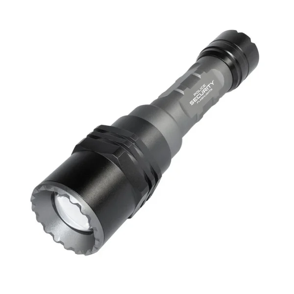 Police Security Long Throw Flashlight, black and gray angled front view with wide bezel