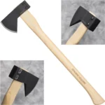 Cold Steel Hudson Bay Camp Axe, black axe head and pale wood handle with two inset head views