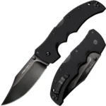 Cold Steel Recon 1 Clip Point, black folding knife shown open and closed with pocket clip
