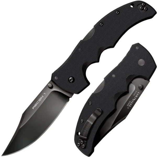 Cold Steel Recon 1 Clip Point, black folding knife shown open and closed with pocket clip