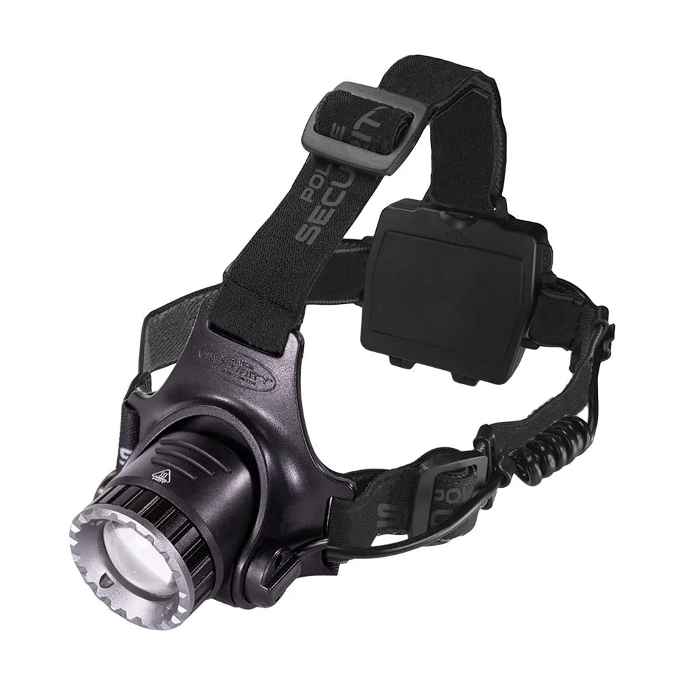 primary-37137 Police Security Long Throw Headlamp, black front angled view with straps and round lamp
