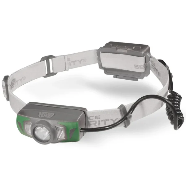 Police Security Flashlights Twin Power LED Headlamp, grey front view with white elastic strap