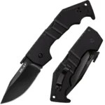 Cold Steel AK-47 Lockback Knife open beside black handle and belt clip, top view