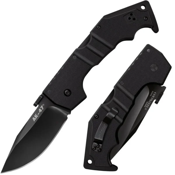 Cold Steel AK-47 Lockback Knife open beside black handle and belt clip, top view