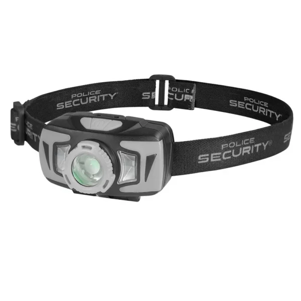 Police Security Ryder Headlamp, black and gray front view with adjustable branded head strap