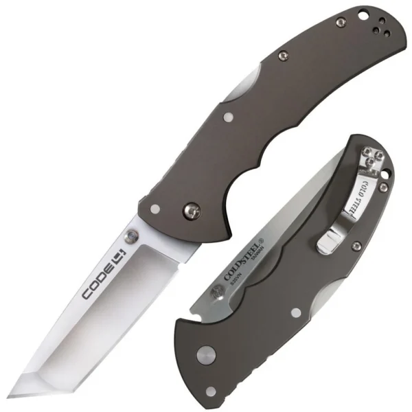 Cold Steel Code-4 Tanto gray folding knife shown open and closed with satin blade