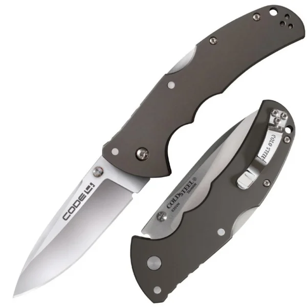 Cold Steel Code-4 Spear Point Lockback Knife, open and folded views with gray handle and satin blade