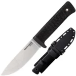 Cold Steel Master Hunter Fixed Blade Knife, silver blade and textured black handle beside sheath