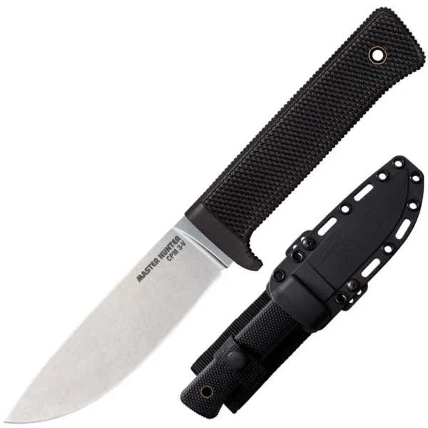 Cold Steel Master Hunter Fixed Blade Knife, silver blade and textured black handle beside sheath