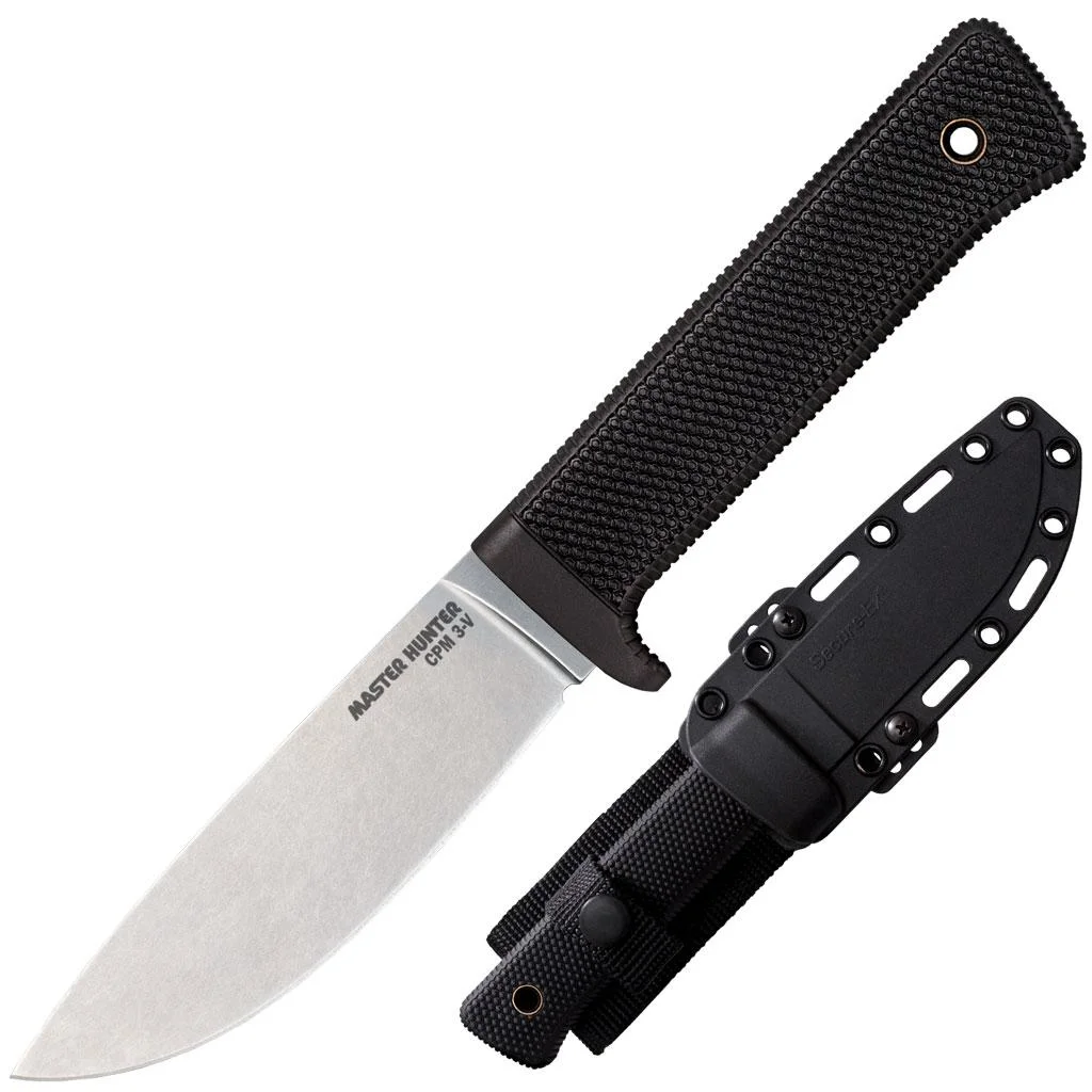primary-37151 Cold Steel Master Hunter Fixed Blade Knife, silver blade and textured black handle beside sheath