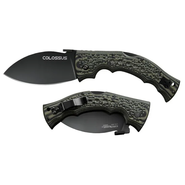 Cold Steel Colossus Folding Knife, black leaf blade shown open and folded