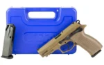 Bersa TPR, FDE right-side view with black controls, magazine and blue hard case