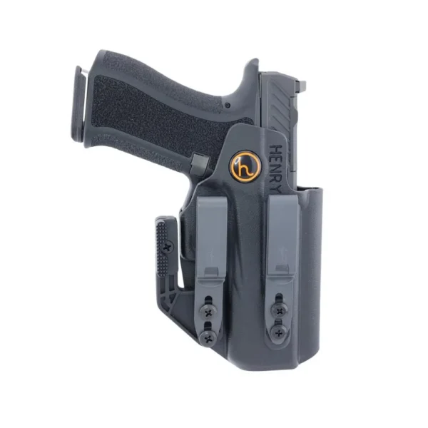 Henry Holsters Cipher black holster, front view with handgun inserted and belt clips visible