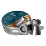 Hatsan H&N Crow Magnum Pellets, teal metal tin beside three silver hollow-point pellets