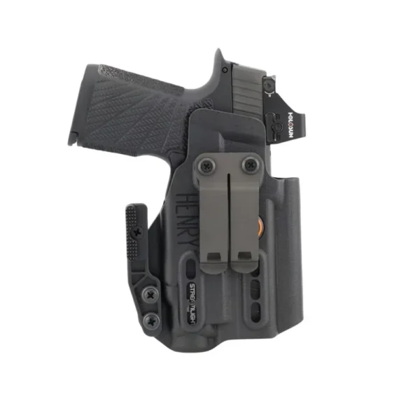 Henry Holsters Ember for Sig P365/P365XL black holster, front view with handgun and belt clip