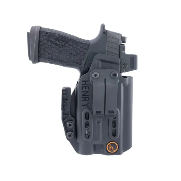 Henry Holsters Ember for Sig P365 Fuse black holster, front view with handgun and belt clip