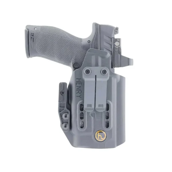 Henry Holsters Ember for Walther PDP gray-black holster, front view with handgun and belt clip