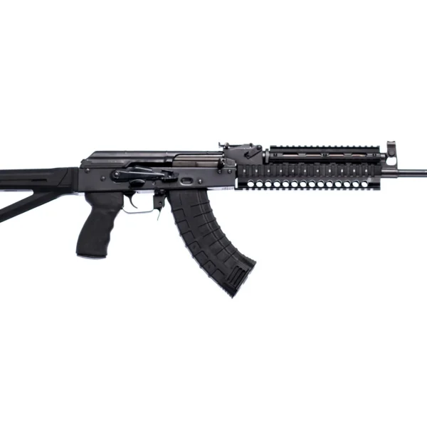 Riley Defense RAK47-T-MP black rifle, left side with curved magazine and adjustable stock
