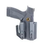 Henry Holsters Cipher black front view with handgun, dual belt clips and concealment claw
