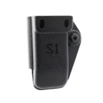 Henry Holsters Steel1 black front view with curved body, belt slots and side screw