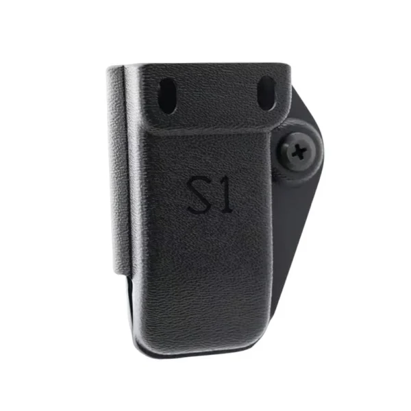 Henry Holsters Steel1 black front view with curved body, belt slots and side screw