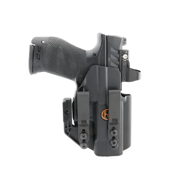 Henry Holsters Cipher AIWB/IWB Holster, black front view holding a Walther pistol with belt clips