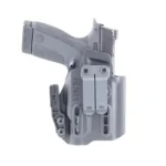Henry Holsters Ember black holster, front view with handgun, belt clip and adjustment hardware