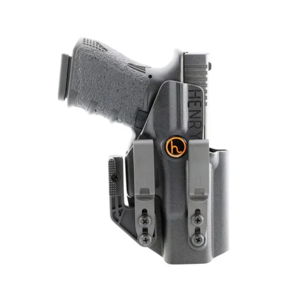 Henry Holsters Cipher black holster, front view with Glock handgun, belt clips and orange logo