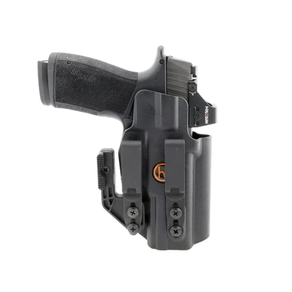 Henry Holsters Cipher black holster, front view with Sig handgun, dual clips and orange logo