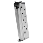 Springfield 1911 Stainless Steel Magazine, angled view with black follower and witness holes