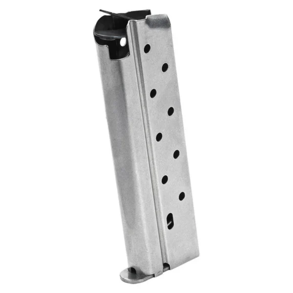 Springfield 1911 Stainless Steel Magazine, angled view with black follower and witness holes