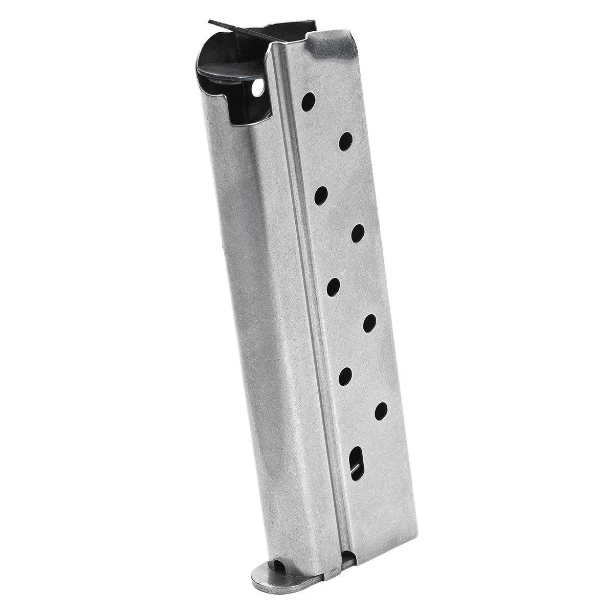primary-37216 Springfield 1911 Stainless Steel Magazine, angled view with black follower and witness holes