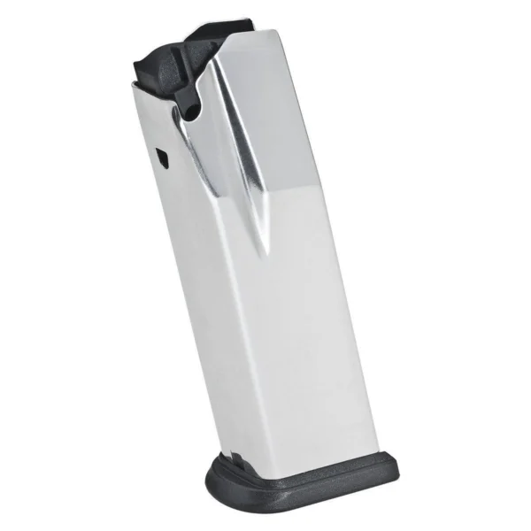 Springfield XD Magazine, angled front view with silver body, black follower and baseplate