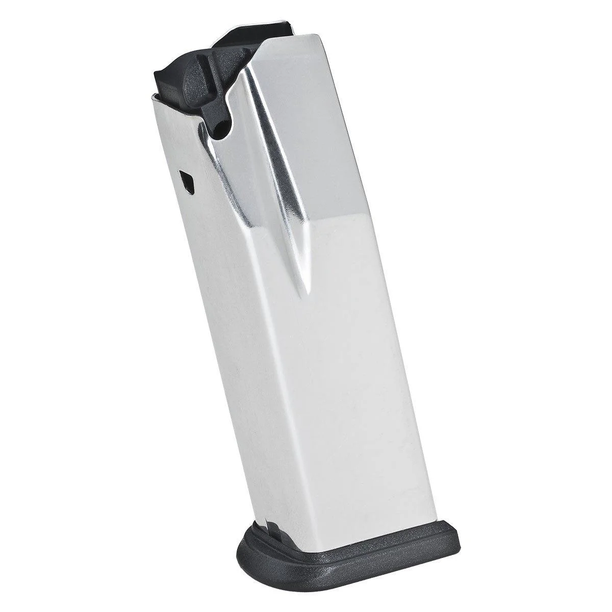 primary-37228 Springfield XD Magazine, angled front view with silver body, black follower and black base plate