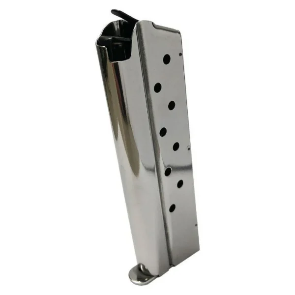 Springfield Armory 1911 Stainless Steel Magazine, angled side view with witness holes
