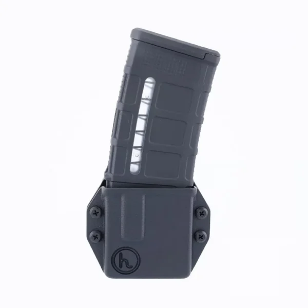 Henry Holsters Duty AR Mag Carrier with Link, black front view holding a curved rifle magazine