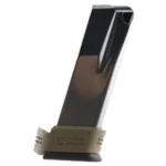 Springfield XD Compact magazine, angled view with black body and FDE sleeve