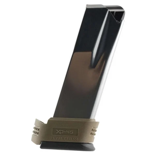 Springfield XD Compact magazine, angled view with black body and FDE sleeve