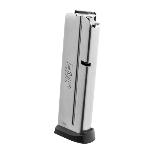 Springfield EMP Stainless Steel Magazine, angled view with silver body, witness holes and black slam pad