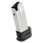Springfield Armory XD Compact Extended magazine, angled view with silver body and black base